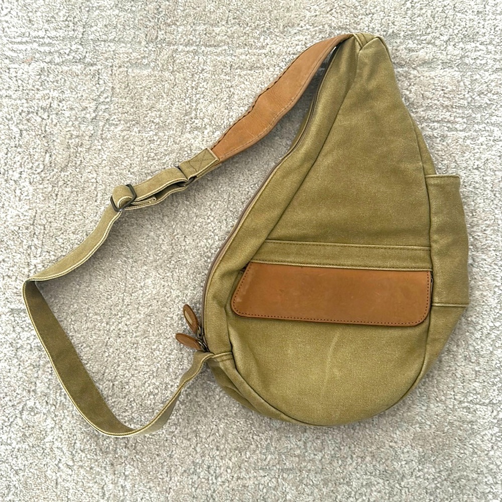 Vintage LL Bean Ameribag Olive Tan Leather Adjustable Shoulder Bag Crossbody